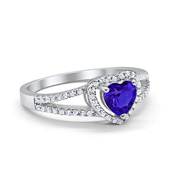 Heart Promise Ring Round Simulated Blue Sapphire CZ 925 Sterling Silver